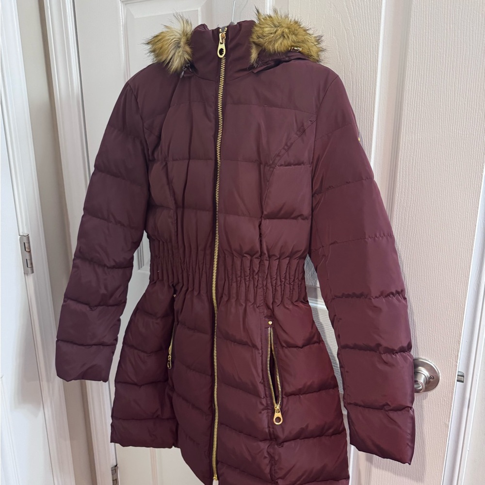 Laundry By Shelli Segal Maroon Puffer Jacket with Faux Fur Hood